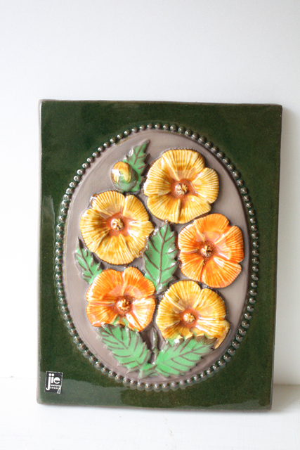 北欧ヴィンテージ/jie gantofta社/陶板の壁掛け/オレンジのお花/SLD OUT