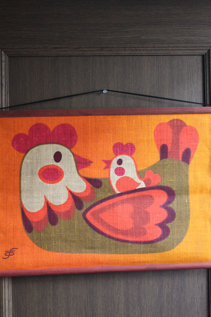 北欧ヴィンテージ/黄麻タペストリー/ニワトリ×ひよこの親子/SOLD OUT