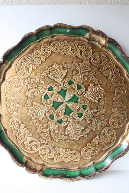 イタリアンヴィンテージ/ノスタルジックトレイ/大サイズ！ラウンド/ゴールド＆グリーン/SOLD OUT
