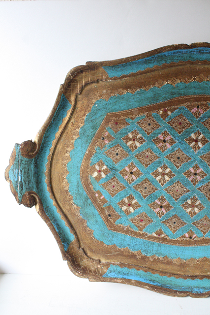 イタリアンヴィンテージ/ノスタルジックトレイ/大サイズ長方形/ゴールド＆ターコイズブルー/SOLD OUT