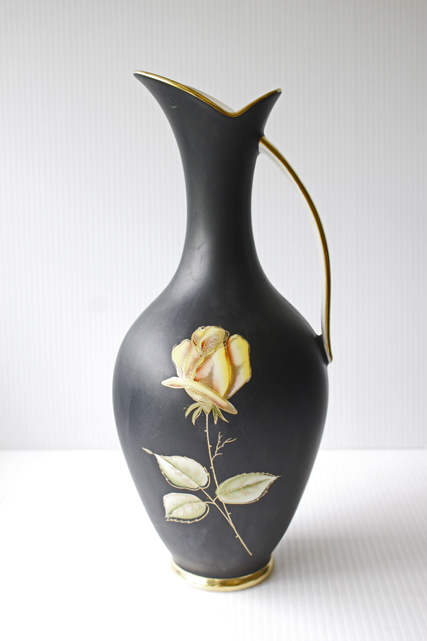 大サイズ！ドイツヴィンテージ/持ち手つき花瓶/ブラック×黄色のバラ/SOLDOUT