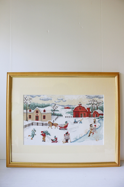 ヴィンテージ手刺繍/フレーム壁掛け/冬の遊び