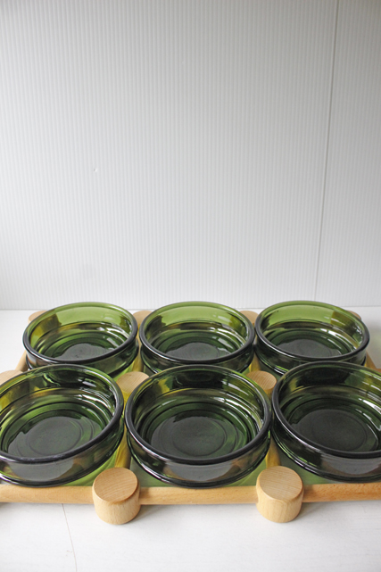 北欧ヴィンテージ/Nissen/木製トレイとグリーンのガラスボウル6個セット/SOLD OUT