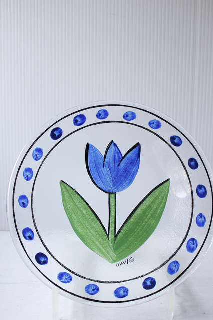 北欧ヴィンテージ/KOSTA BODA/ペイントガラスの絵皿/TULIPA/ブルー