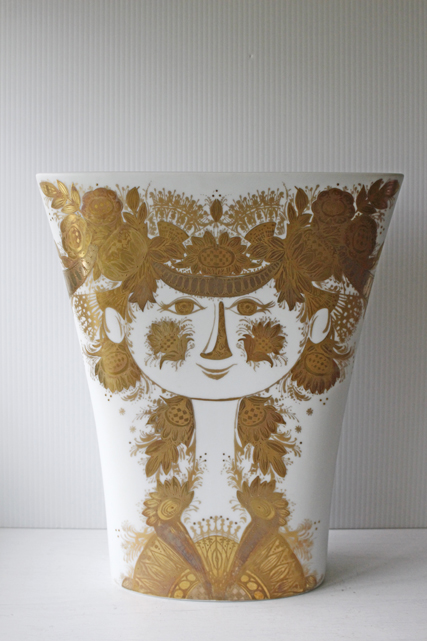 大サイズ！北欧ヴィンテージ/Bjorn Wiinblad/オーバル花瓶/白磁×金彩