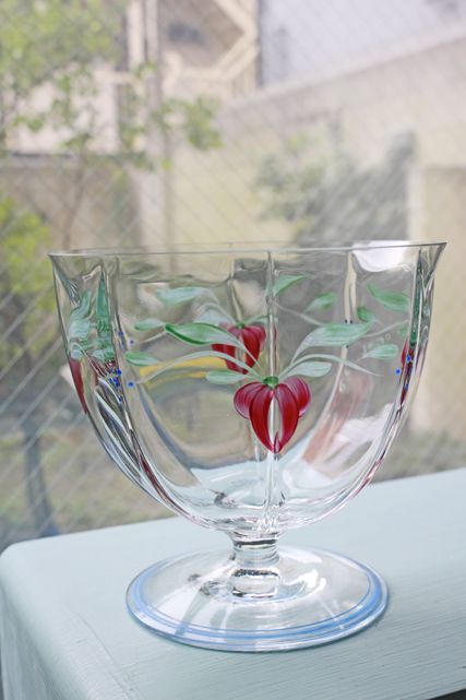 未使用！北欧ヴィンテージ/Orrefors社/脚付きボウル/手描きのお花