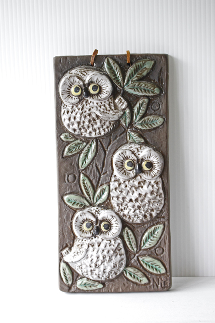 北欧ヴィンテージ/陶板の壁掛け/3羽のフクロウ/SOLD OUT