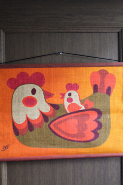 北欧ヴィンテージ/黄麻タペストリー/ニワトリ×ひよこの親子/SOLD OUT