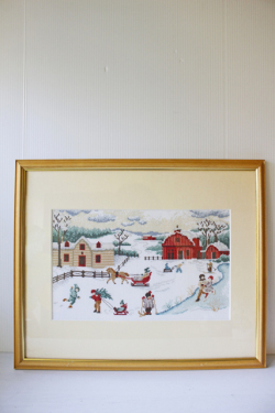 ヴィンテージ手刺繍/フレーム壁掛け/冬の遊び