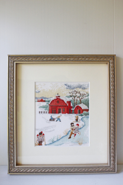 ヴィンテージ手刺繍/フレーム壁掛け/冬の遊び