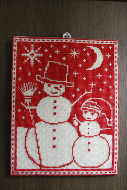 【クリスマス】北欧ヴィンテージ/刺繍の壁掛け/スノーマンの親子