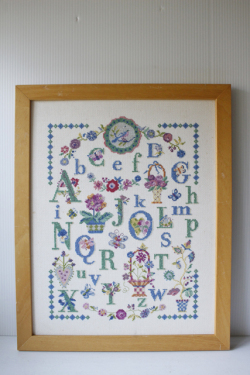 ヴィンテージ手刺繍/フレーム壁掛け/サンプラー/カラフルカラー