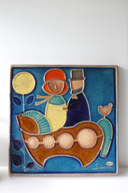 北欧ヴィンテージ/SOHOLM（スーホルム）/陶板の壁掛け/馬車に乗る男女