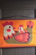 北欧ヴィンテージ/黄麻タペストリー/ニワトリ×ひよこの親子/SOLD OUT