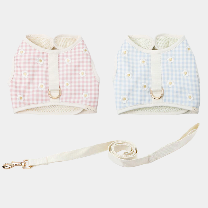 【moncheri】冷感チェック花柄メッシュハーネス+リードSET【保冷剤対応】