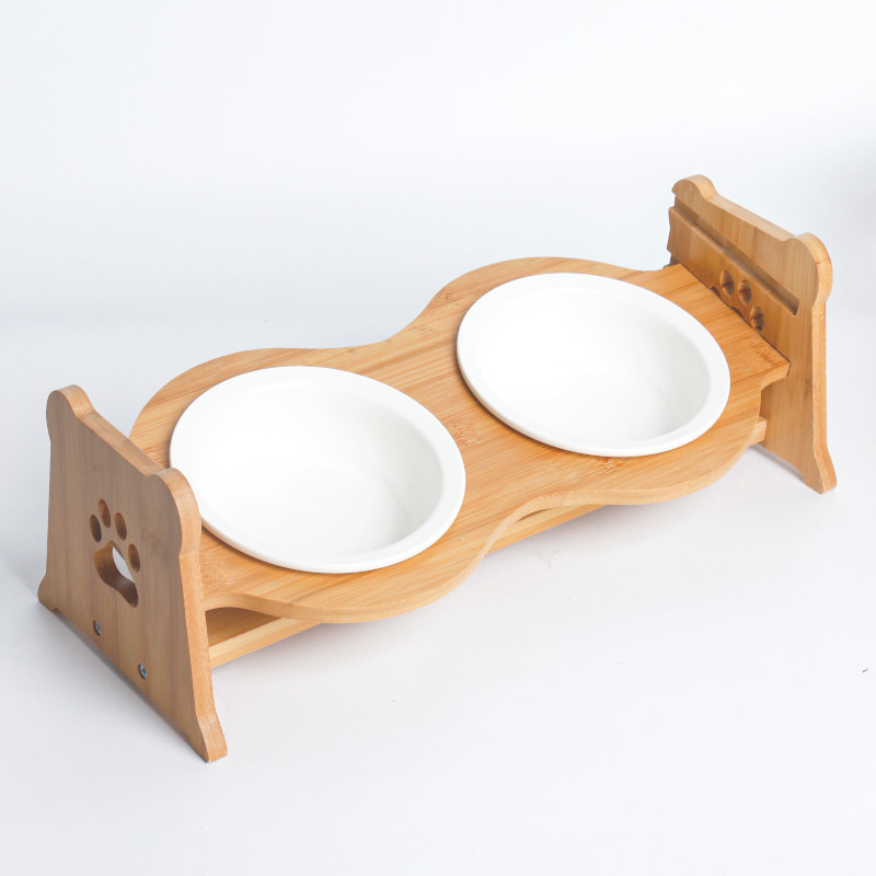 Petifam 陶器製バンブースタンド付きダブルボウル