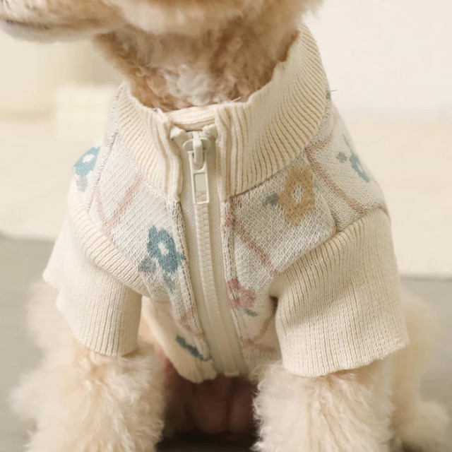 モンシェリ 犬服フラワーチェックジッパーニットアウター moncheri フラワーチェックジッパーニットアウター Pets-first