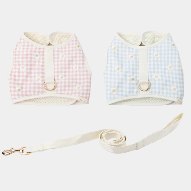 【moncheri】冷感チェック花柄メッシュハーネス+リードSET【保冷剤対応】