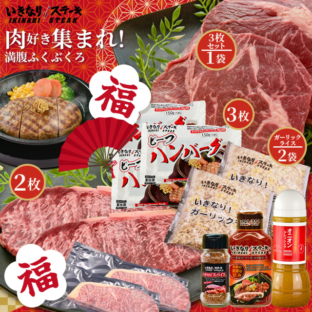 【2026 福袋】いきなり!ガーリックライス320g サーロインステーキ150g ビーフハンバーグ150g ワイルドステーキ200ｇ スパイス ソース オニオンドレッシング ハンバーグ＆ステーキ　新レシピ