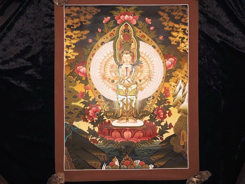 【一点物】曼荼羅（マンダラ）タンカ 千手千眼観音｜チベット仏教 仏教美術 手書き精密画｜木綿台紙 約53×68cm