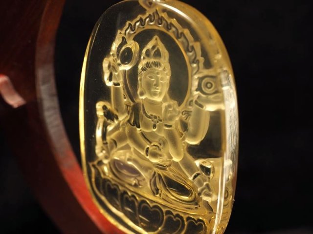 シトリン ダブルポイントの置物透明・黄色 約15cm 木製台座付