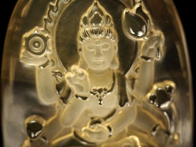 シトリン ダブルポイントの置物 透明・黄色 約15cm 木製台座付 【公式