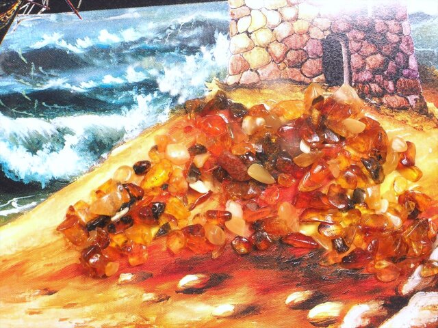 ◇天然アンバー使用の品ある珍しい絵画◇インテリア