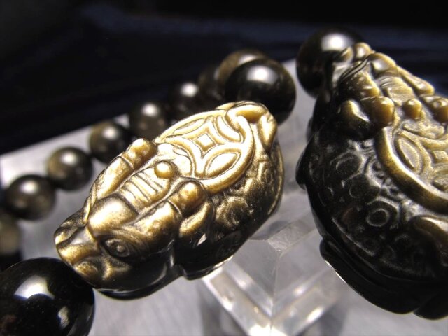 ◇財運を高める瑞獣◇ロングイ彫刻の黒曜石◇ゴールデンシャイン