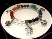 ◆7色の天然石＆7つのチャクラチャーム◆デンバー展示会商品◆お得な1本1480円◆古代インドから伝わるエネルギー補給◆チャクラエンブレムチャーム付き！チャクラデザインブレスレット◆約7.5-8.5mm×21珠◆