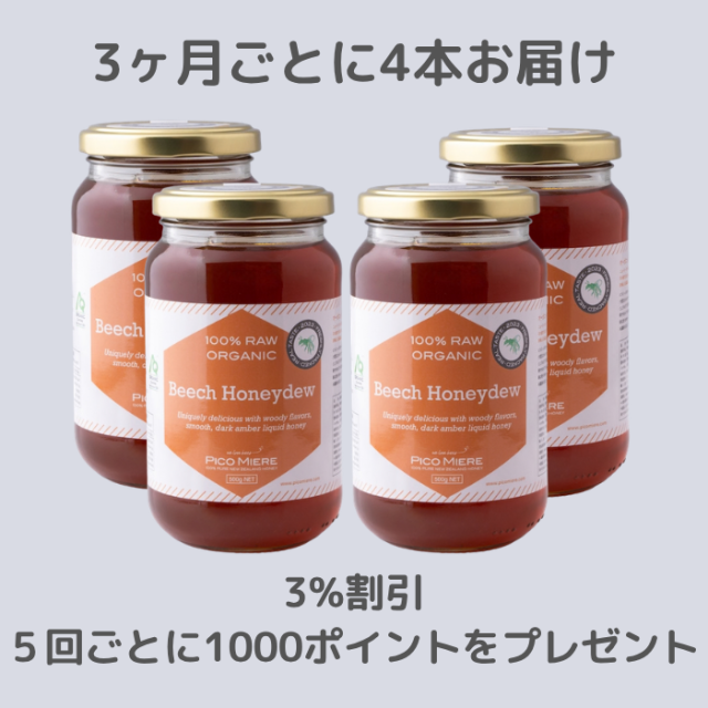 【4本セットを3ヶ月ごとにお届け】オーガニック認定 詰めたて完全非加熱 ビーチハニージュー生はちみつ 2023 500g