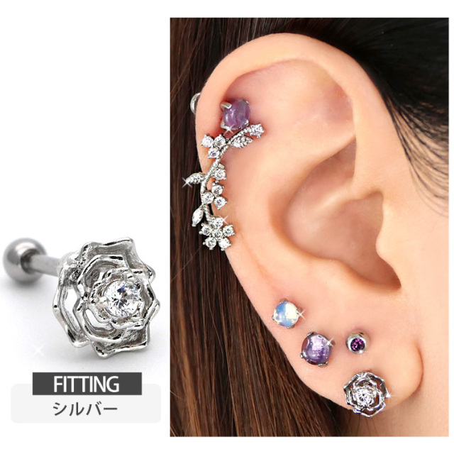 ボディピアス 薔薇モチーフのジュエルローズバーベル/16G ボディー