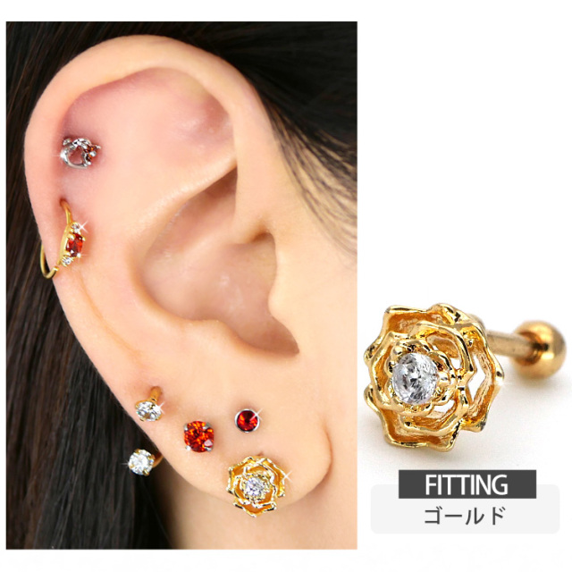 ボディピアス 薔薇モチーフのジュエルローズバーベル/16G ボディー