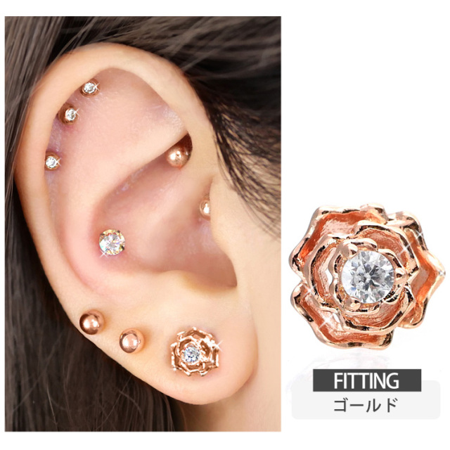 ボディピアス 薔薇モチーフのジュエルローズバーベル/16G ボディー