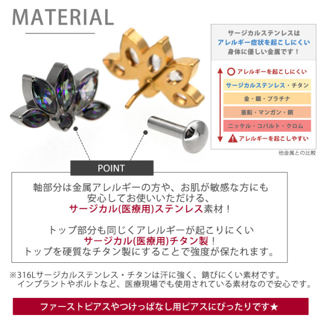 ピアス 20G 18G 16G つけっぱなしにおすすめ 蓮の花ロータスフラワー
