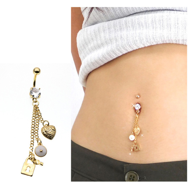ボディピアス へそピアス 南京錠やハート付 モチーフチャームネイブル