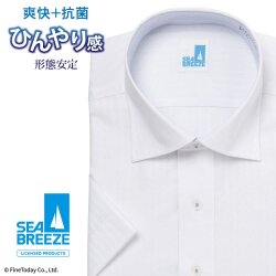 半袖ワイシャツ[SEABREEZE] ワイドスプレッド 接触冷感 抗菌防臭 ホワイトドビーストライプ 形態安定 標準型 P16SBW017