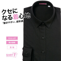 【メール便可】レディース[SHIRT-T] レギュラーカラー 着丈長め ストレッチ 吸水速乾 ブラック無地 ゆったり型 P31SIE203