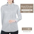 レディース[軽井沢シャツ] 自由に衿型を選べる 白×濃グレーストライプ　ニット　形態安定 E30KZAG79