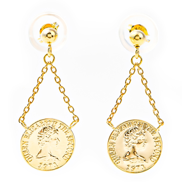 ピアス コイン コインピアス レディース メダル 硬貨 チェーン 揺れる チェーンピアス ダイヤ 18金 K18 18K K18YG ゴールド イエローゴールド 18金ピアス メダイ 華奢 地金 スタッド ダブルロックキャッチ 金属アレルギー シンプル 誕生日 プレゼント 母の日