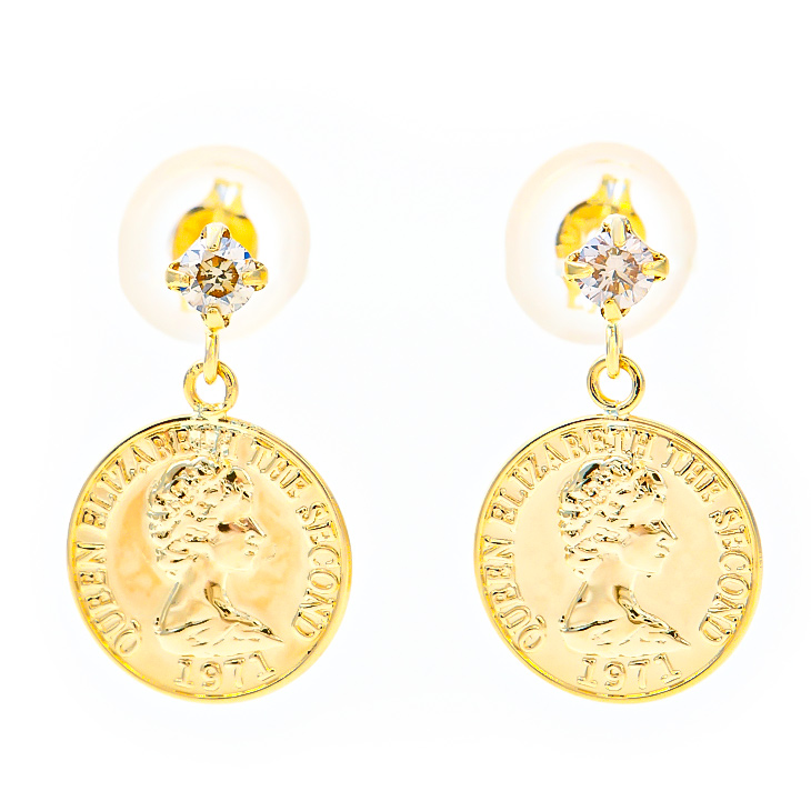 ピアス コイン コインピアス レディース メダル 硬貨 ダイヤモンド ダイヤピアス ダイヤ 18金 K18 18K K18YG ゴールド イエローゴールド 18金ピアス メダイ 華奢 地金 スタッド ダブルロックキャッチ 金属アレルギー シンプル 誕生日 プレゼント 女性 彼女 母の日