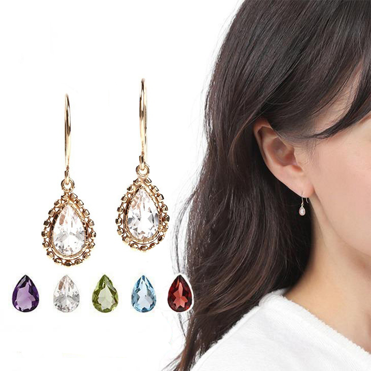 天然石 ピアス レディース 4月 誕生石 クオーツ カラーストーン 色石 金属アレルギー K10 揺れる しずく ペアシェイプ ドロップ 雫 10金 ゴールド ペリドット ブルートパーズ 華奢 シンプル アクセサリー プレゼント 女性 誕生日 ギフト 母の日