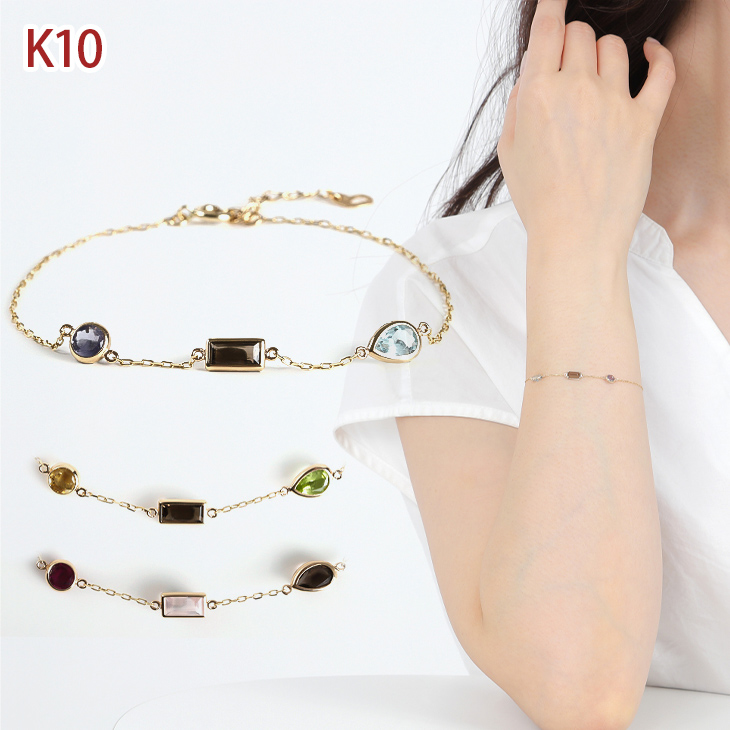 天然石 ブレスレット 1月 誕生石 ロードライトガーネット アイオライト ペリドット ローズクォーツ スカイブルートパーズ 雫 華奢 バゲット k10 ゴールド バースデー カラーストーン 色石 金属アレルギー プレゼント 女性 誕生日 彼女 ギフト