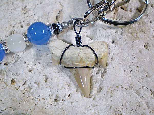天然石＆スエード☆サメ歯化石キーホルダー/SV【ブルーアゲート