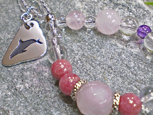 porteartオリジナル★シルバー925ストラップ　Ｗループ/イルカ【ローズクォーツ/ロードナイト/アメジスト/水晶】