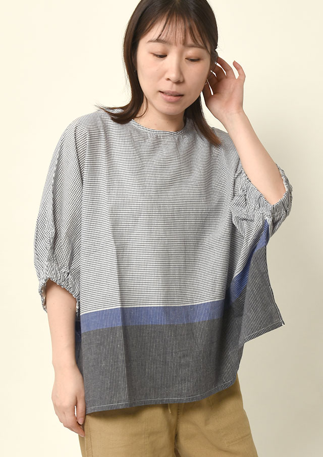 期間限定10%OFF!【2025春夏】【ブルーライフ】綿麻チェックドルマンブラウス【B-01E11309】【S12】