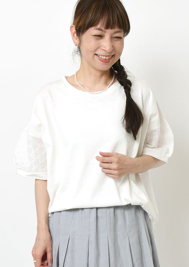 【2026春夏】【ブルーライフ】布帛レースドッキングカットソー四分袖【B-26212】【S12】