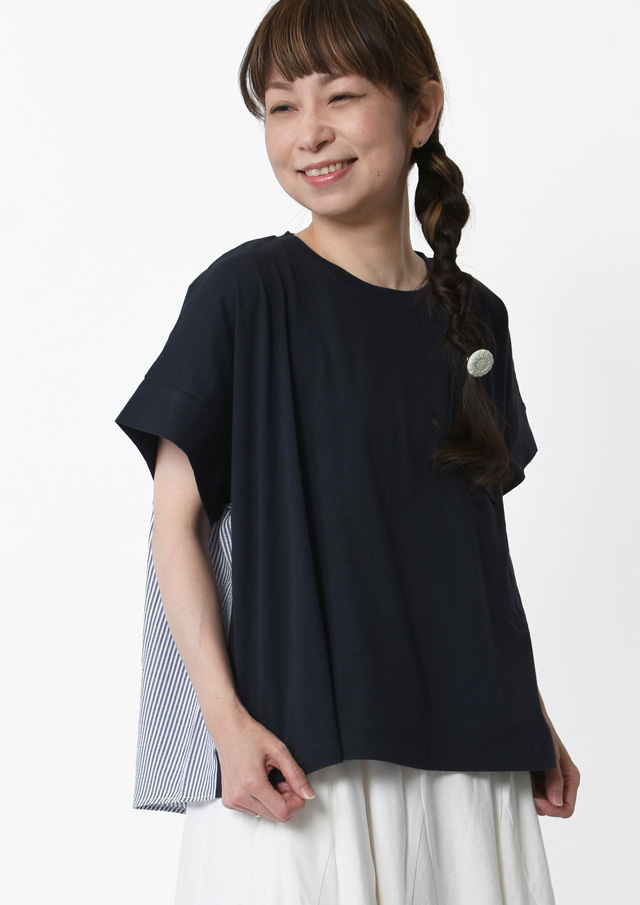 【2026春夏】【ブルーライフ】後ろ布帛ストライプ半袖T【B-26225】【S12】