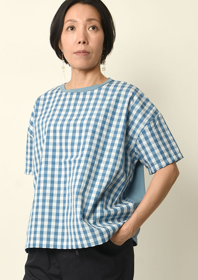 期間限定10%OFF!【2025春夏】【ブルーライフ】ギンガムドッキングカットソー四分袖【B-UO51301A】【S12】