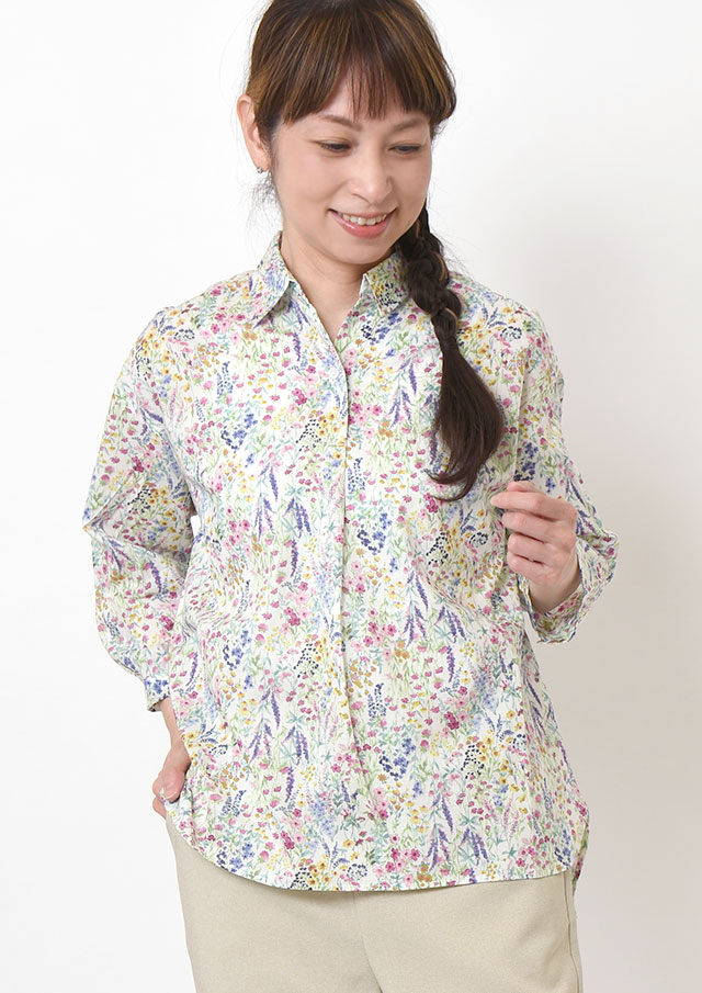 【2026春夏】【ブルーライフ】ボタニカル柄ミディ丈ブラウス七分袖【BL056018】【S11】