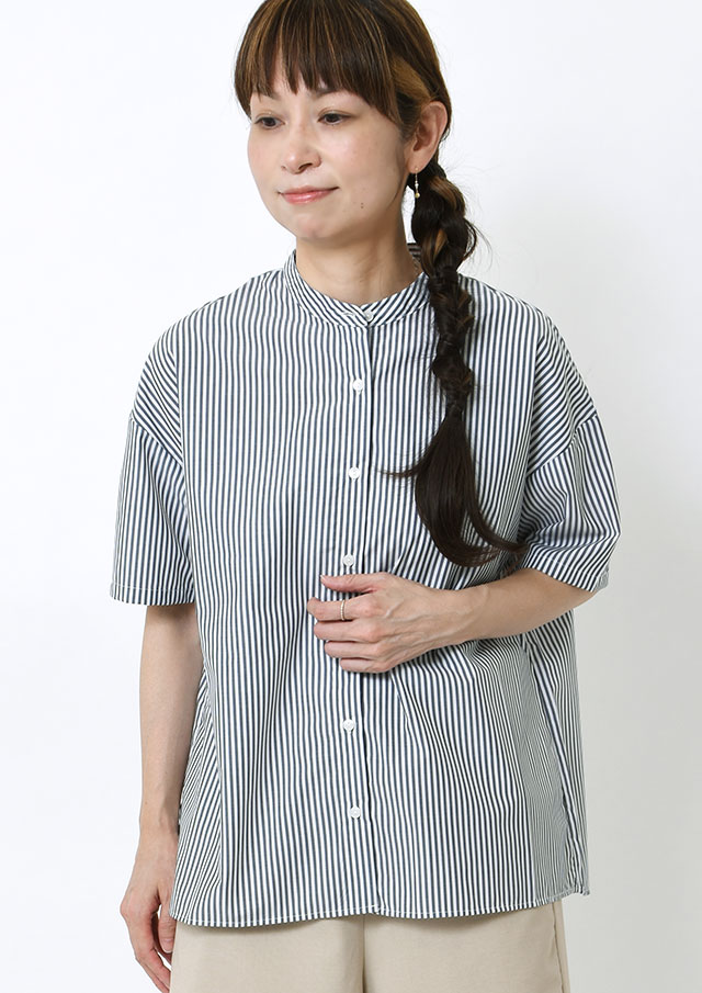 【2026春夏】【ブルーライフ】ストライプスタンドカラーブラウス四分袖【BL056115】【S12】